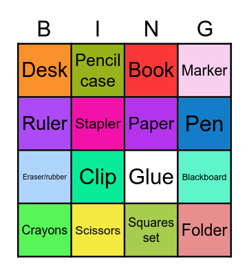 School Objects Bingo Card