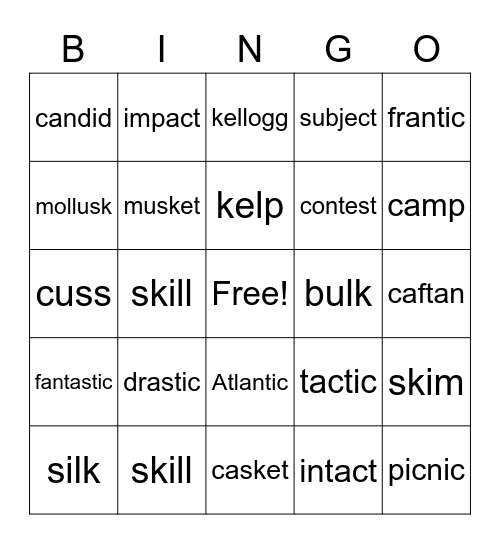 /k/ Bingo Card