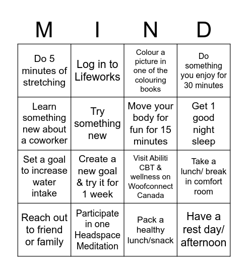 LRV  Mind Bingo Card