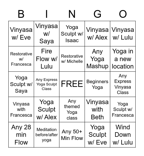 Obe Yoga Bingo Card