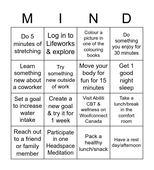 LRV Mind Bingo Card