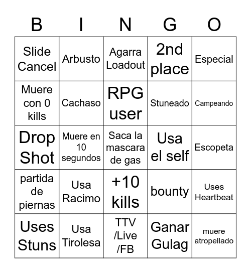 Warzone Bingo Solo Bingo Card