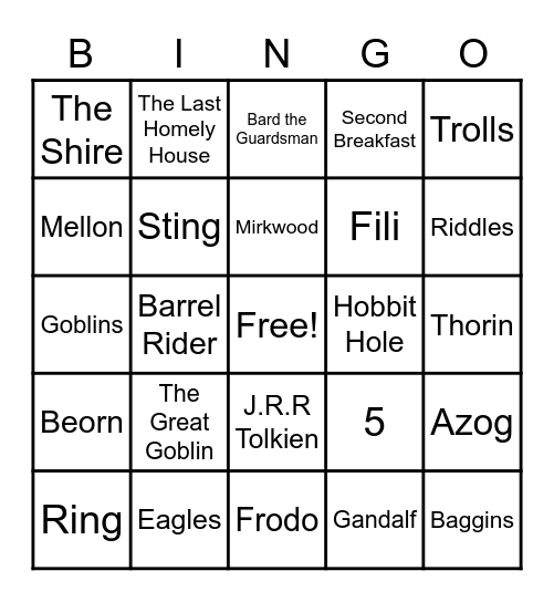 The Hobbit Bingo Card