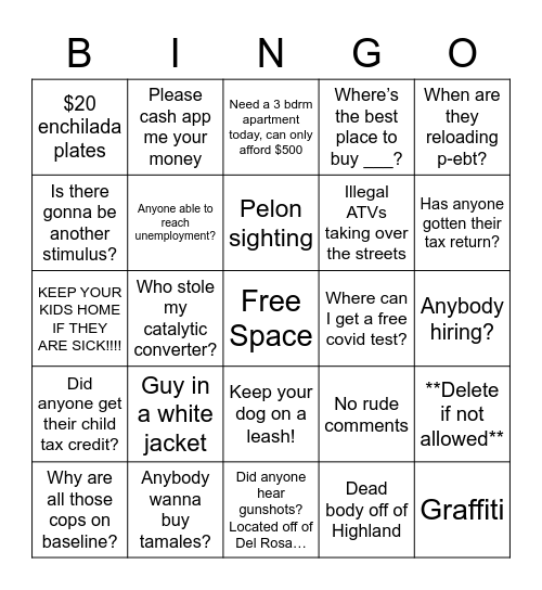 Berdoo Bingo Card