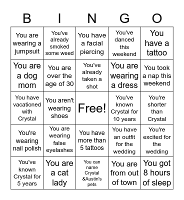 Crystal's Bachelorette Weekend 2022 Bingo Card