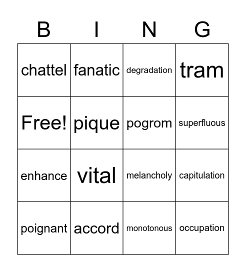 Anne Frank Vocab List 1 Bingo Card