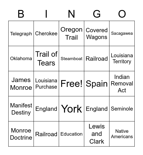 Westward Expansion Bingo Card