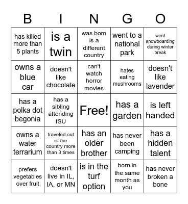 Getting to know you Bingo Card