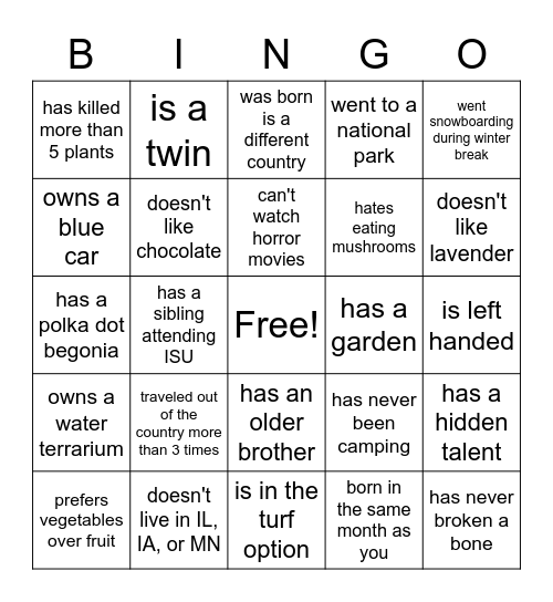 Getting to know you Bingo Card