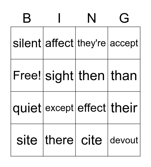 Confused Words 1 Bingo Card