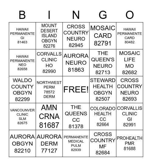 SPECIALTIES FOCUS BINGO  Bingo Card