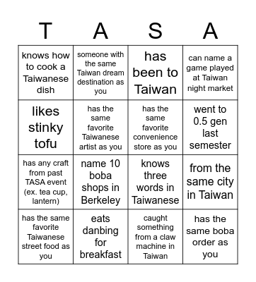 TASA 0.5 Gen Bingo Card