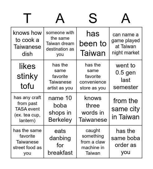 TASA 0.5 Gen Bingo Card