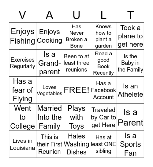 The VAULTZ Family Reunion BINGO Card