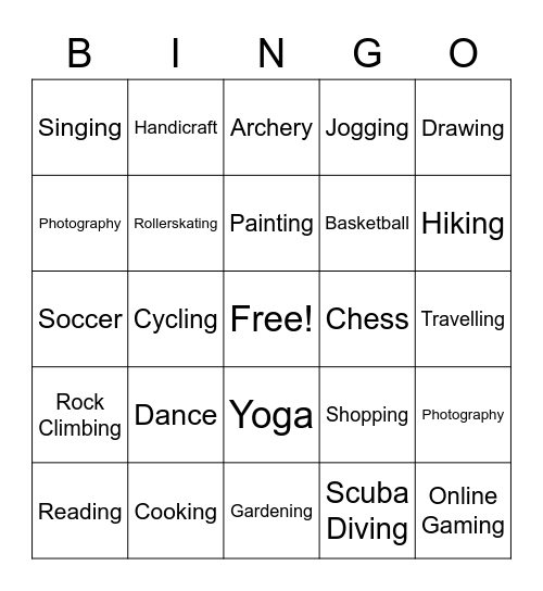 Hobbies & Interests Bingo Card