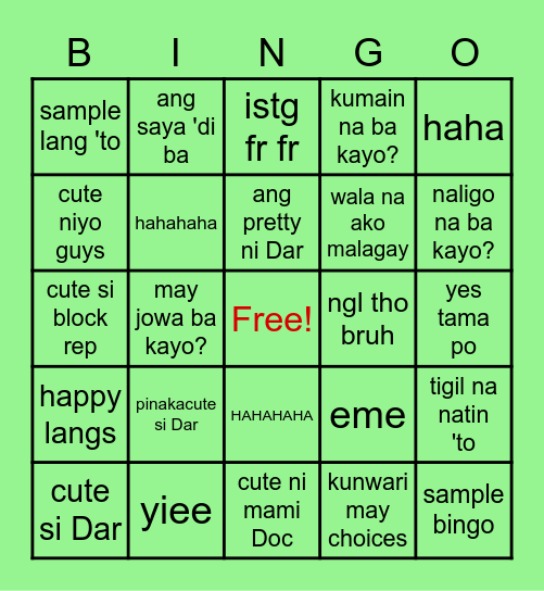 BLOCK G (G2K) BINGO (SAMPLE) Bingo Card