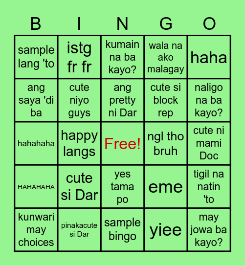 BLOCK G (G2K) BINGO (SAMPLE) Bingo Card