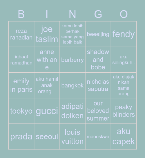 (o⌒．⌒o) Bingo Card