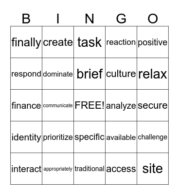 Academic Vocabulary Bingo Card