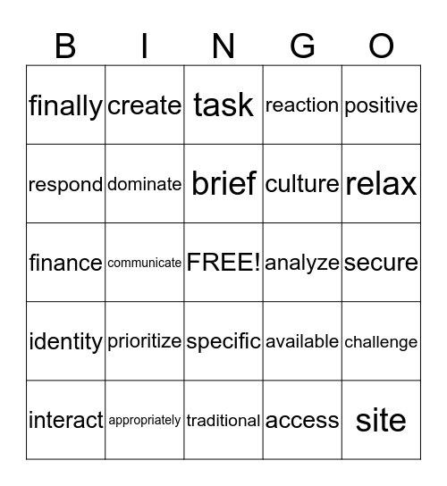 Academic Vocabulary Bingo Card