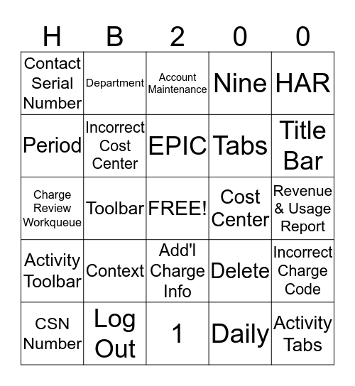 HB200 Charge Entry Bingo Card