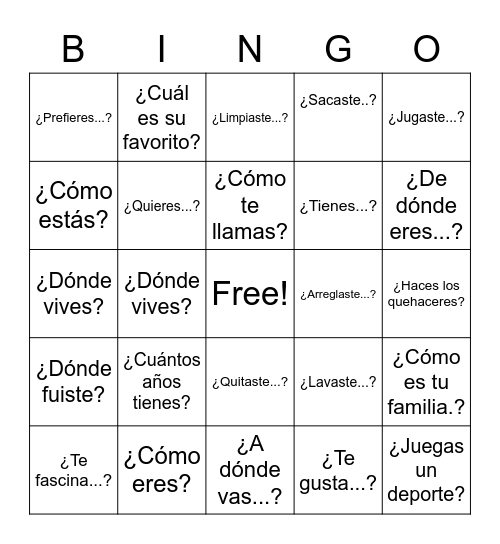 SPEAKING BINGO Card