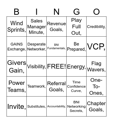 BNI-GO Fast Track Bingo Card