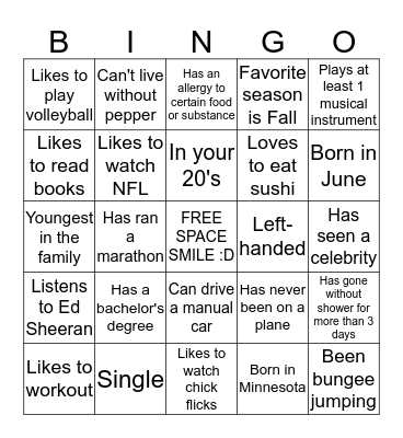 Getting To Know Each Other Bingo Card