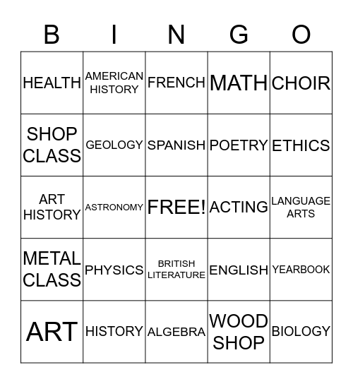 WHAT'S YOUR FAVORITE SUBJECT? Bingo Card