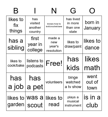 Getting to Know You Bingo Card