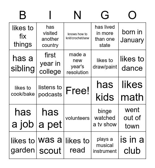 Getting to Know You Bingo Card