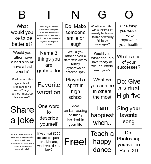 Friendship Bingo Card