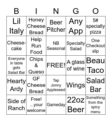 Beau Jo's Bingo Card