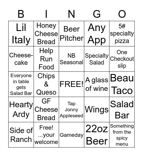 Beau Jo's Bingo Card