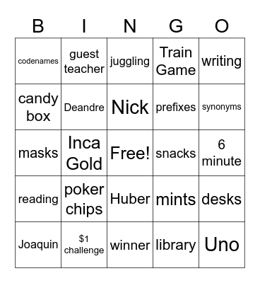 Reading Class Bingo Card