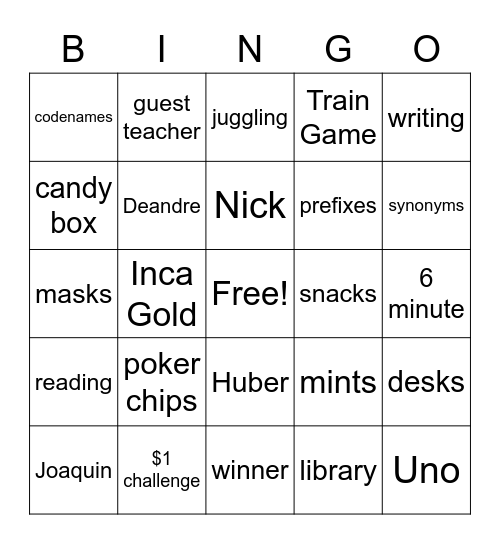 Reading Class Bingo Card