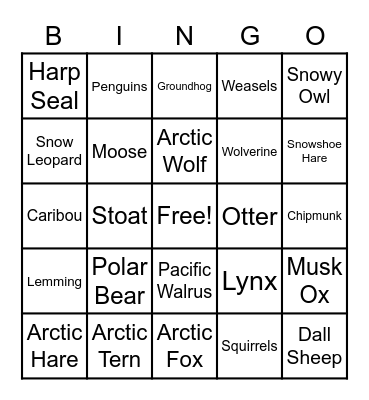 Winter Animals Bingo Card