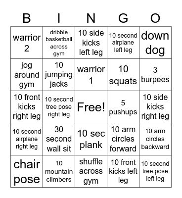 Fitness Bingo Card