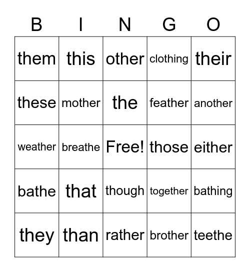 Voiced TH Bingo Card