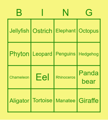 ANIMALS Bingo Card