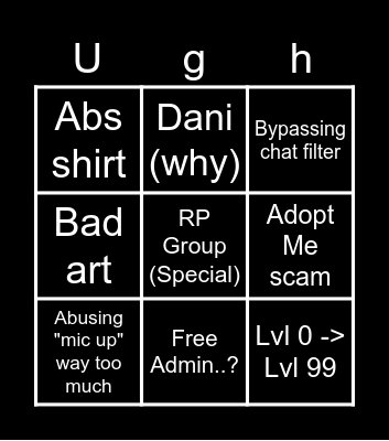 Roblox Cringe Bingo Card