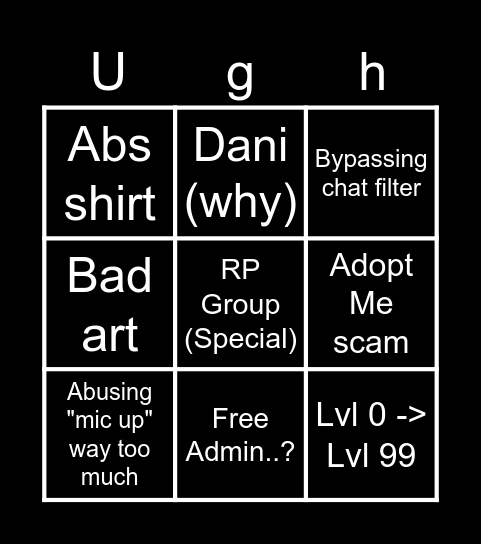 Roblox Cringe Bingo Card