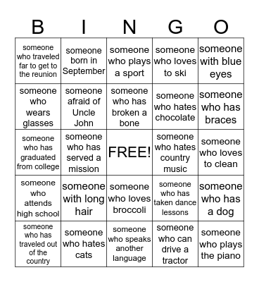 Get to know your BAGLEY FAMILY Bingo Card