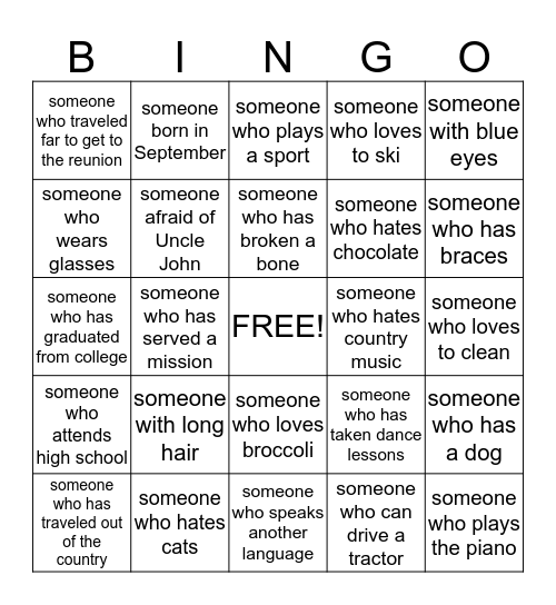 Get to know your BAGLEY FAMILY Bingo Card