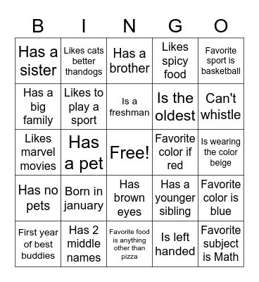 Get to know me Bingo Card