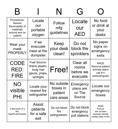 Fire Safety and EOC Bingo Card