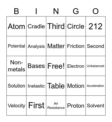 First Semester 8th Grade Physical Science Bingo Card