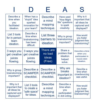 Ideation and Creativity Bingo Card