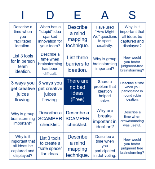 Ideation and Creativity Bingo Card