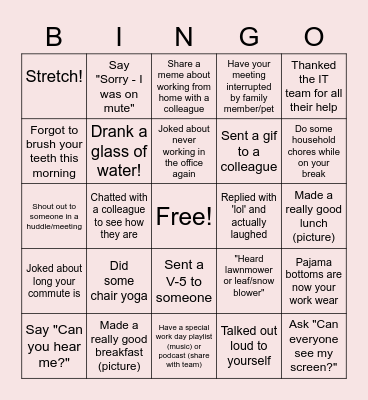 Remote Work Bingo Card